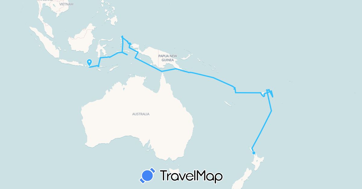 TravelMap itinerary: driving, boat in Australia, Fiji, Indonesia, New Zealand, Papua New Guinea, Solomon Islands, Tonga, Vanuatu (Asia, Oceania)